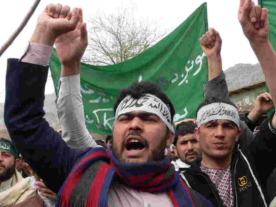 Afghan protesters shouted anti-U.S. slogans during a demonstration in Jalalabad earlier today. 