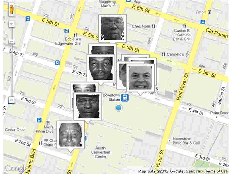 A Google map on the Homeless Hotspots website shows the locations of homeless people operating hotspots in Austin. A Google map on the Homeless Hotspots website shows the locations of homeless people operating hotspots in Austin.