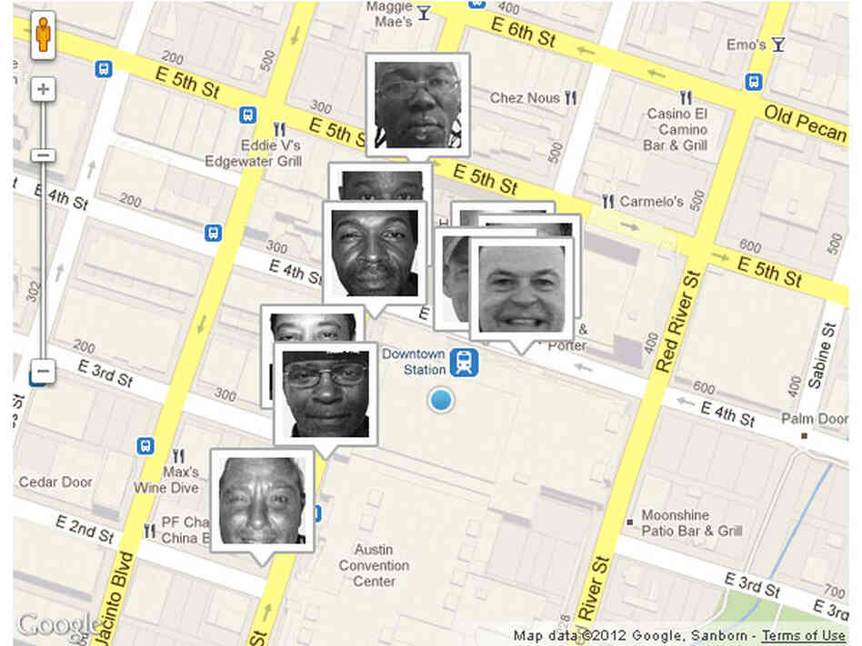 A Google map on the Homeless Hotspots website shows the locations of homeless people operating hotspots in Austin. A Google map on the Homeless Hotspots website shows the locations of homeless people operating hotspots in Austin.