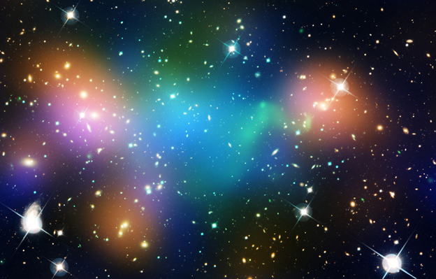  This image of the galaxy cluster Abell 520 — 2.4 billion light-years away — may challenge some of our basic theories about Dark Matter. It is overlaid with false-color maps showing concentrations of starlight (orange), hot gas (green) and mass (blue). The mass is mostly Dark Matter.