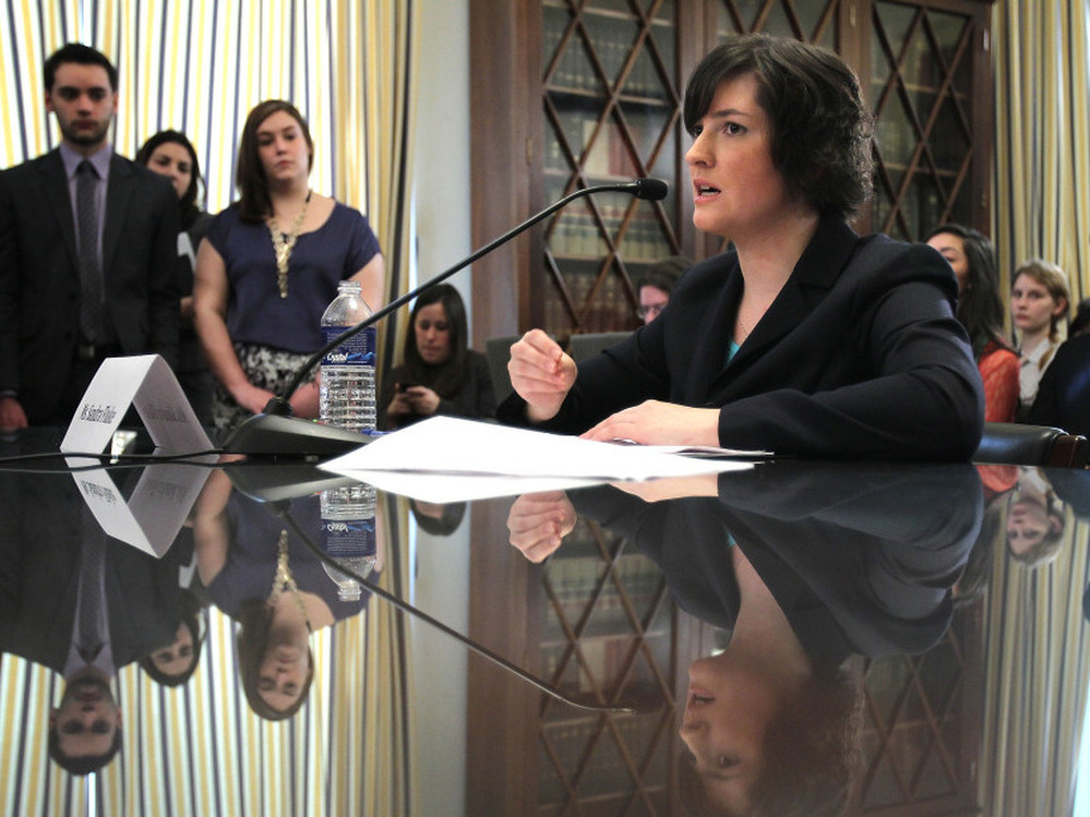 Sandra Fluke, a third-year law student at Georgetown University and former president of the Students for Reproductive Justice group there, testifies during a hearing before the House Democratic Steering and Policy Committee last month in Washington. 