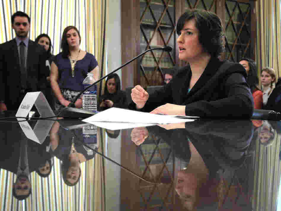 Sandra Fluke, a third-year law student at Georgetown University and former president of the Students for Reproductive Justice group there, testifies during a hearing before the House Democratic Steering and Policy Committee last month in Washington. 