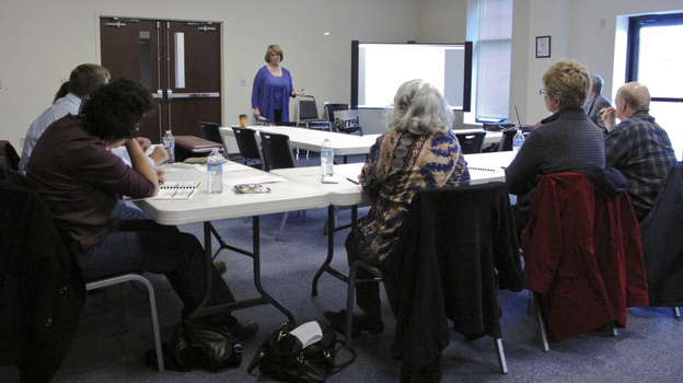 Citizen campaigns such as Election Integrity Maryland are training poll watchers for the upcoming elections. Cathy Kelleher leads a workshop for volunteers in Myersville, Md., on March 3. 