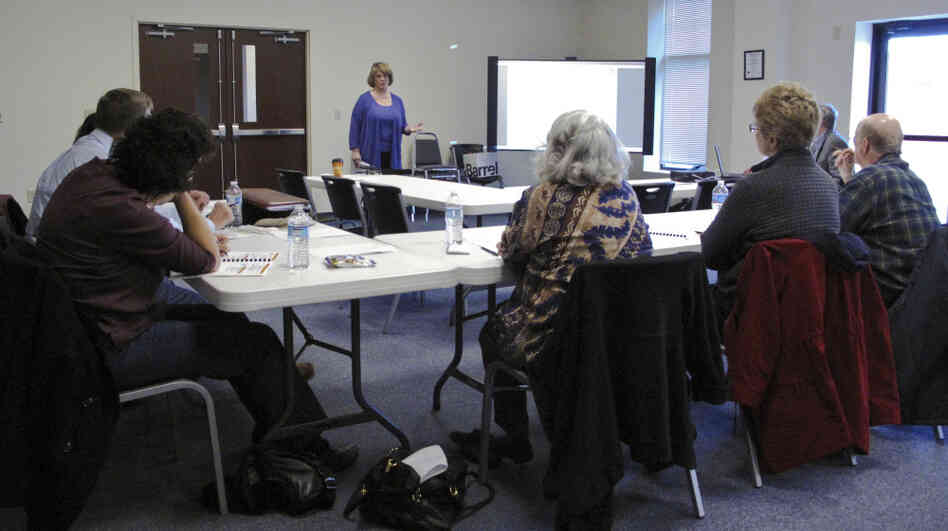 Citizen campaigns such as Election Integrity Maryland are training poll watchers for the upcoming elections. Cathy Kelleher leads a workshop for volunteers in Myersville, Md., on March 3. 