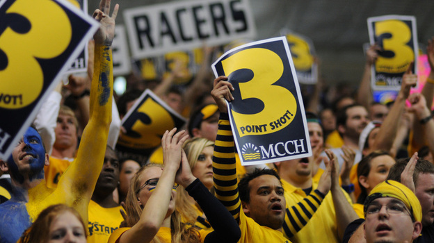 Murray State fans celebrate a 3-point shot by Murray State's Donte Poole during the first half of a game St. Mary's on Feb. 18. Since January, every Racers home game has sold out. Murray State fans celebrate a 3-point shot by Murray State's Donte Poole during the first half of a game St. Mary's on Feb. 18. Since January, every Racers home game has sold out.