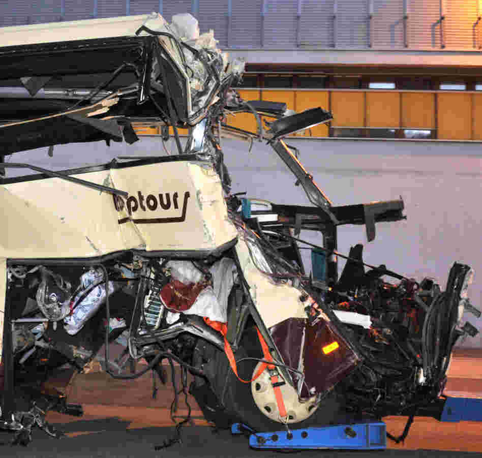 The mangled front of the bus. The crash happened in a tunnel in Sierre, in the Swiss canton of Valais.