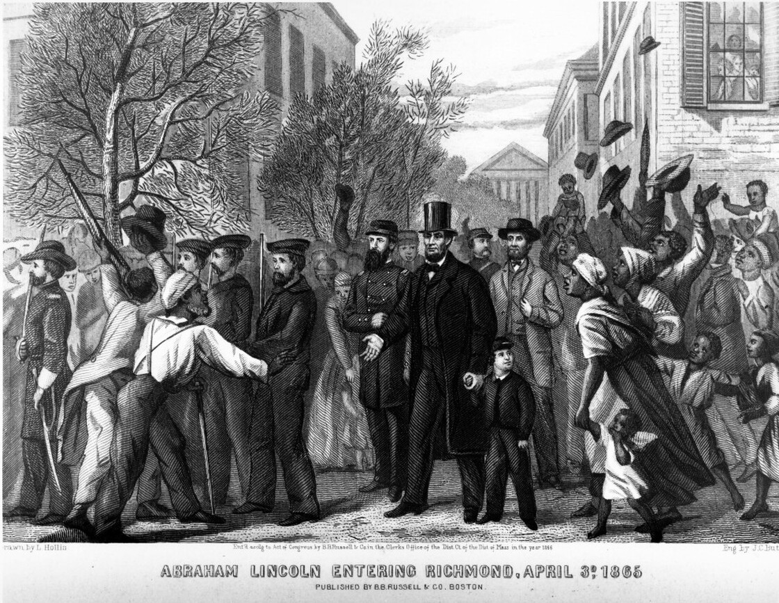 This 1865 drawing by L. Hollis, engraved by John Chester Buttre, depicts Abraham Lincoln as he enters Richmond, Va., in April 1865. Scroll down to learn more about this image and other artistic works inspired by the Emancipation Proclamation.