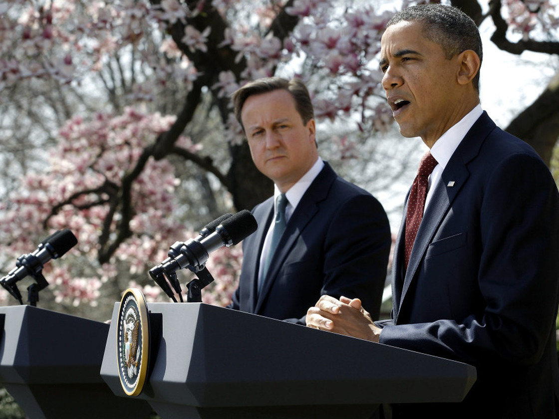 President Obama and British Prime Minister David Cameron during their news conference this afternoon in the Rose Garden of the White House.