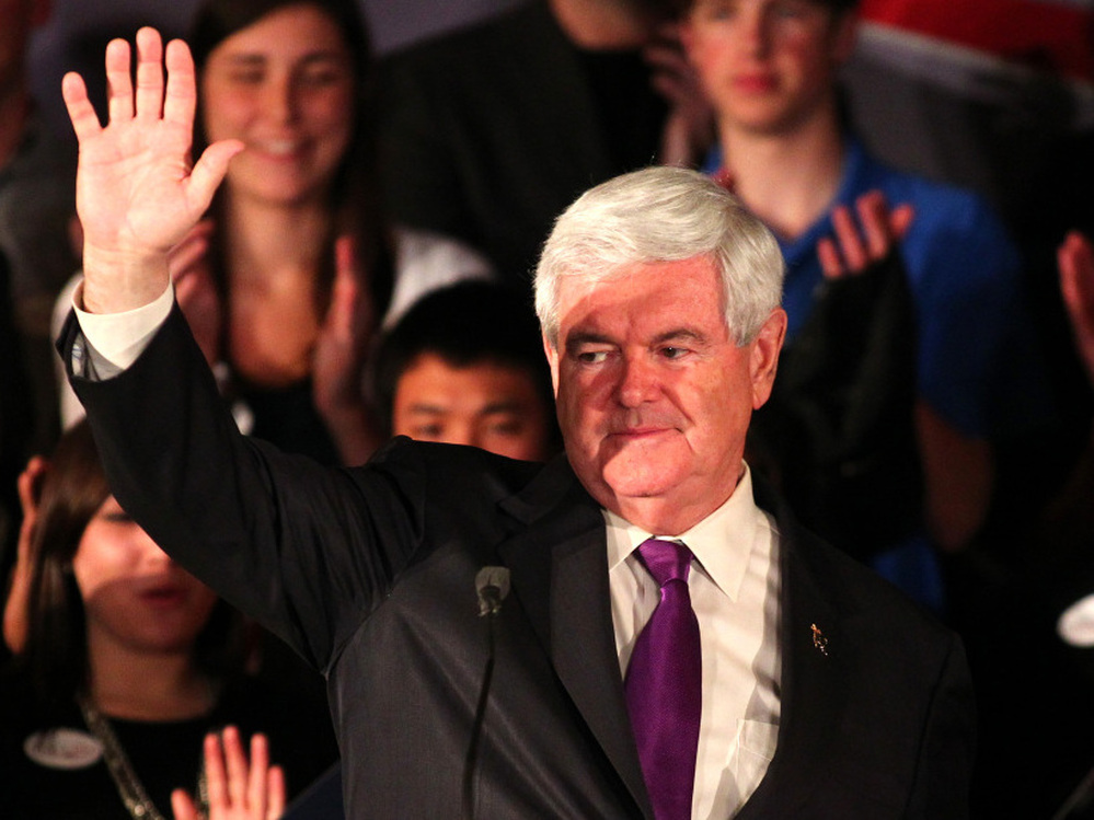 After his losses in Alabama and Mississippi on Tuesday, Newt Gingrich will face increasing pressure to drop out of the GOP race. Here he waves to supporters after speaking at a rally in Hoover, Ala., on Tuesday.