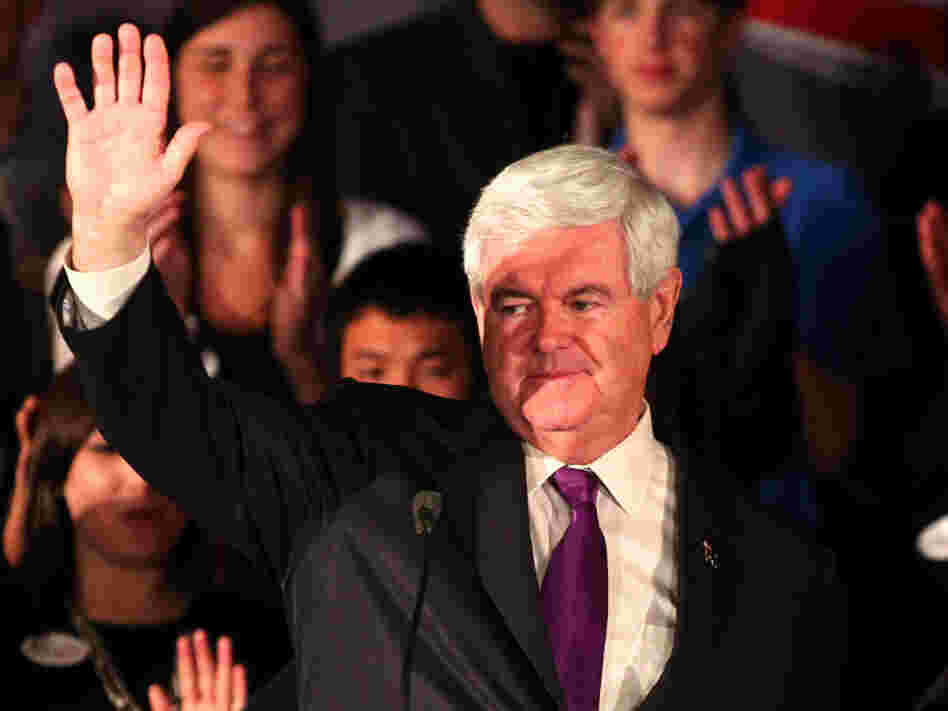 After his losses in Alabama and Mississippi on Tuesday, Newt Gingrich will face increasing pressure to drop out of the GOP race. Here he waves to supporters after speaking at a rally in Hoover, Ala., on Tuesday.