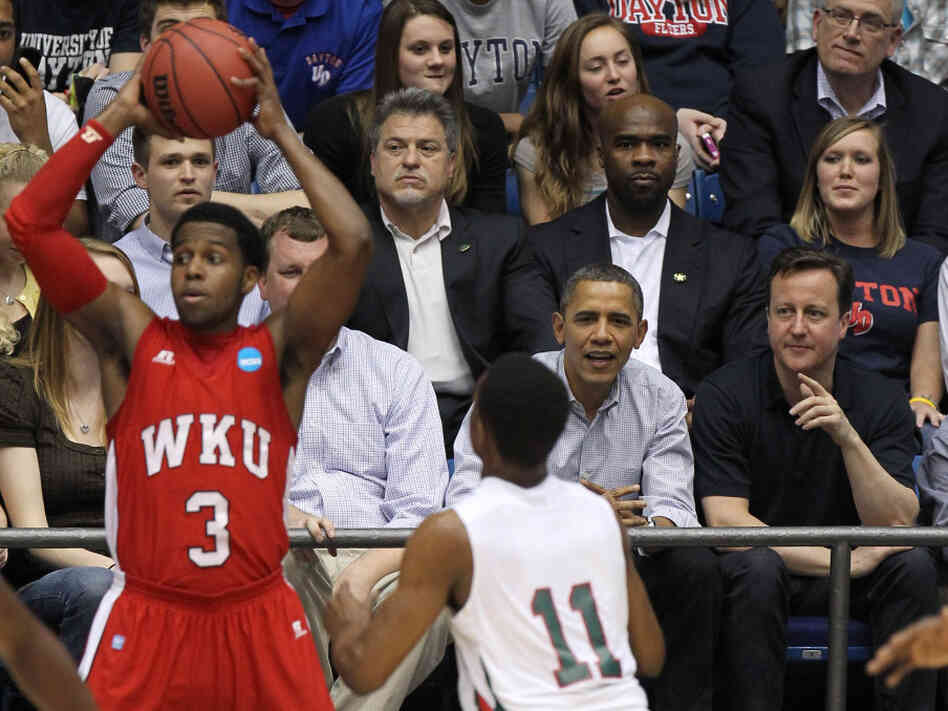 President Obama and British Prime Minister David Cameron were courtside in Dayton, Ohio, Tuesday at the "play in" game between Western Kentucky and Mississippi Valley State. Western Kentucky won, 59-58.