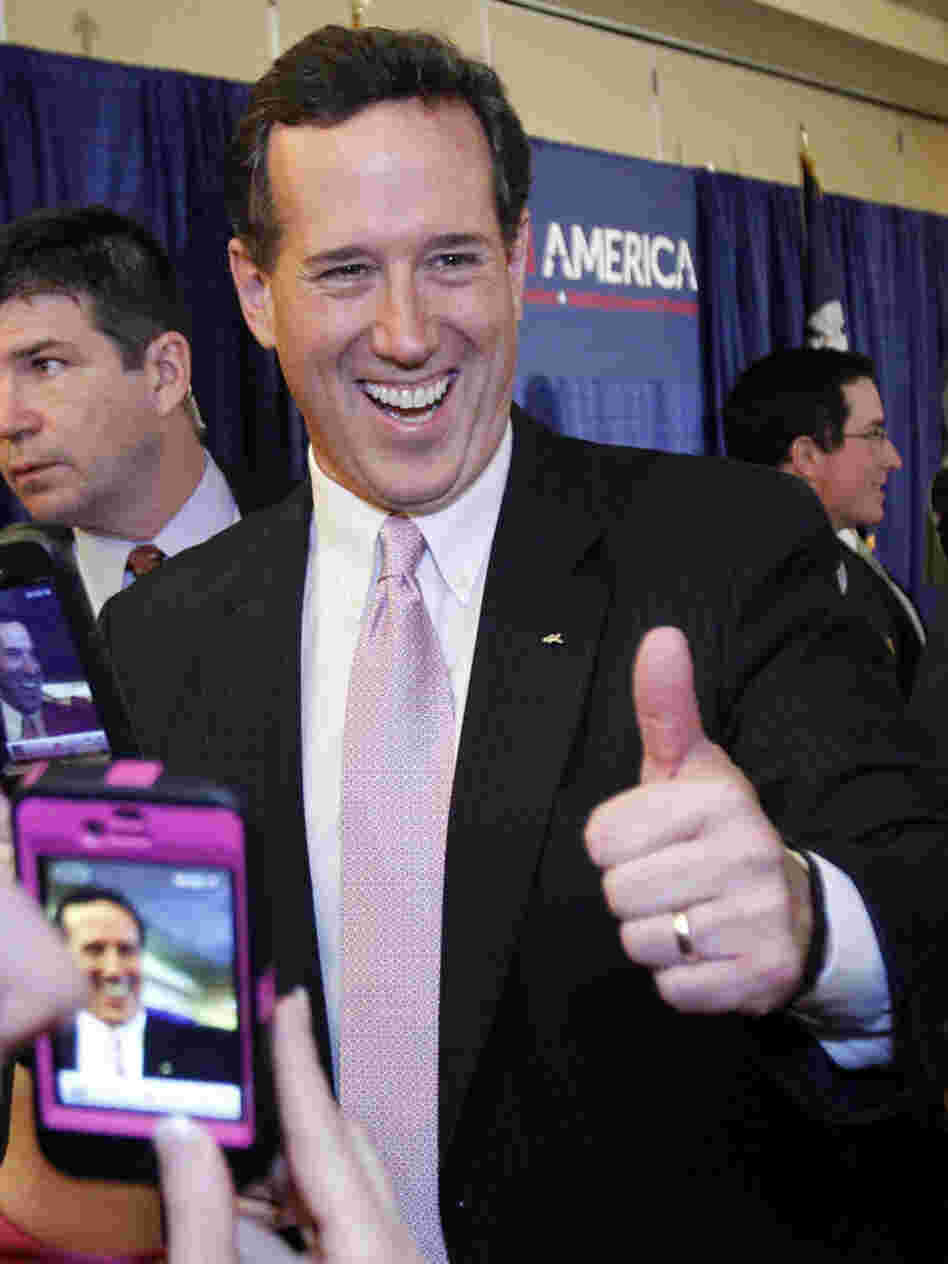 Rick Santorum won primaries in both Alabama and Mississippi on Tuesday night. He spoke to supporters in Lafayette, La. 