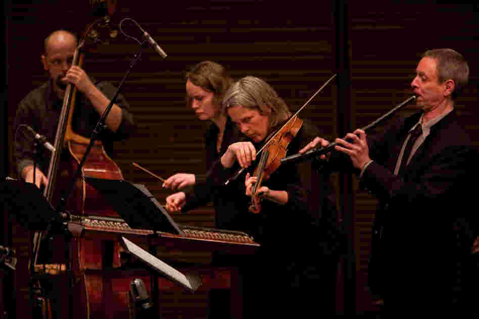 The cornetto, played by Doron Sherwin (right), has a mellow sound, between a trumpet and a flute. It's made from wood and wrapped in leather. 