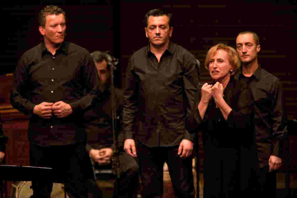 Vocalist Lucilla Galliazzi sings a passionate song with the men of Barbara Furtuna.