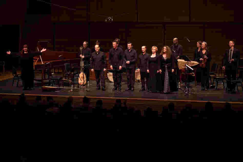Artistic Director Christina Pluhar (far left) ready to take a final bow with her group L'Arpeggiata and guest singers after a 70-minute uninterrupted performance of "Via Crucis."