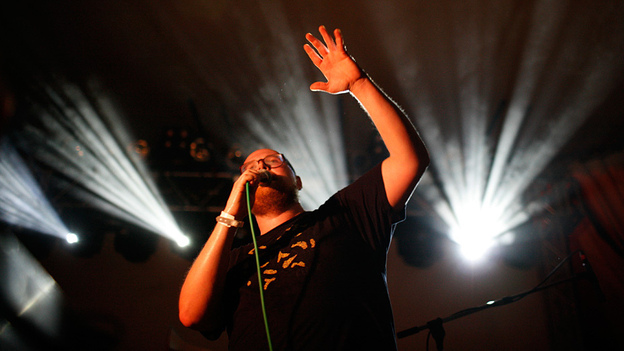 Dan Deacon plays NPR Music's SXSW showcase at Stubb's Wednesday night. (Katie Hayes Luke for NPR)