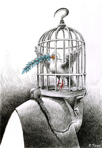 Newspaper cartoonist Kuang Biao publishes some of his more provocative images online, where there is relatively more freedom of expression. This cartoon refers to Liu Xiaobo, winner of the 2010 Nobel Peace Prize and political activist, who was barred from accepting his award and remains imprisoned in China.