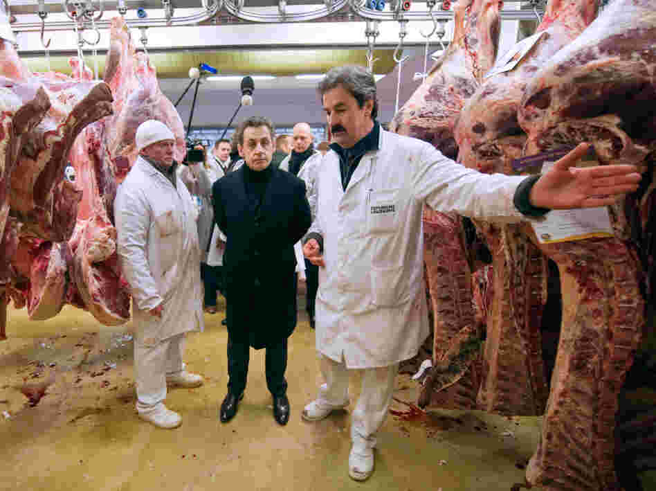 French President Nicolas Sarkozy listens to a butcher during a visit to the butchery pavilion at the Rungis international food market, near Paris, in February. 