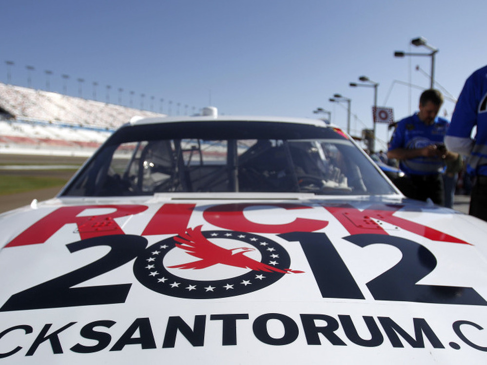 David Ragan's (34) car, sponsored by GOP presidential candidate Rick Santorum, sits on pit road prior to the NASCAR Sprint Cup Kobalt Tools 400 auto race on Sunday, March 11, 2012, in Las Vegas. 