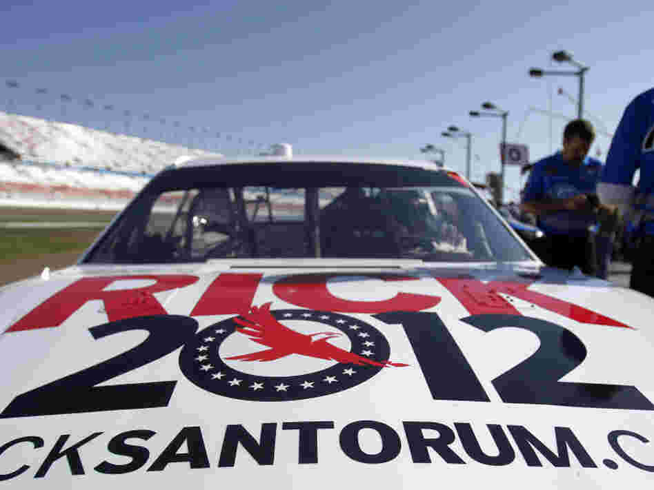 David Ragan's (34) car, sponsored by GOP presidential candidate Rick Santorum, sits on pit road prior to the NASCAR Sprint Cup Kobalt Tools 400 auto race on Sunday, March 11, 2012, in Las Vegas. 