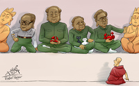China's top Communist leaders, including Mao Tse-tung and Deng Xiao-ping, edge out Tibetan deities before a horrified Tibetan monk. This refers to the government's mandate that a photo of the leaders be placed in Tibetan monasteries at a time when monks continue to light themselves on fire to protest Chinese rule.