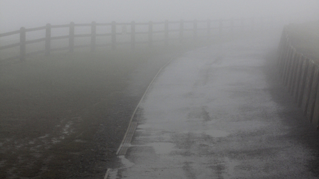 Fog clings to a country road in Ireland.