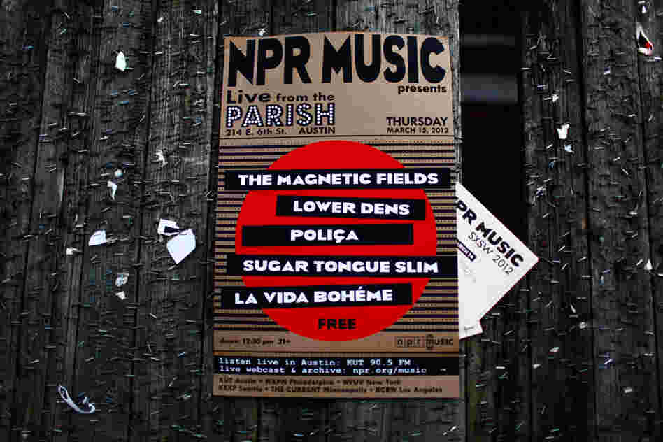 Our day party poster for The Parish in its natural habitat: An over-stapled bulletin board.