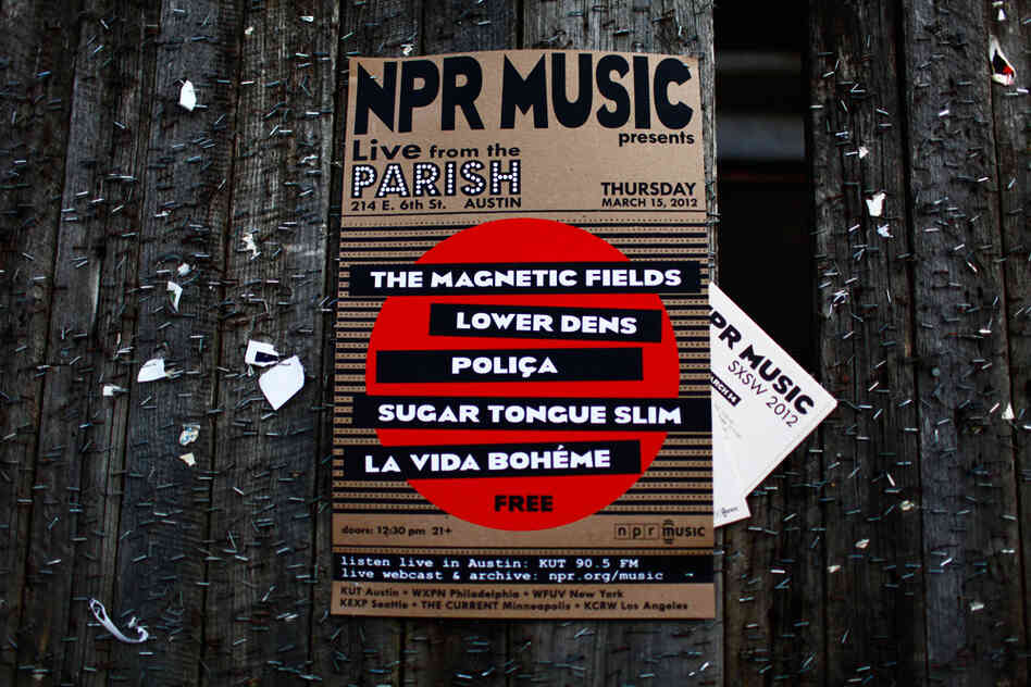 Our day party poster for The Parish in its natural habitat: An over-stapled bulletin board.