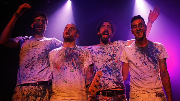 The paint-splattered members of Venezuelan rock band La Vida Boheme won over NPR Music's team on the second day of the SXSW festival in Austin, Texas. (Katie Hayes Luke for NPR)