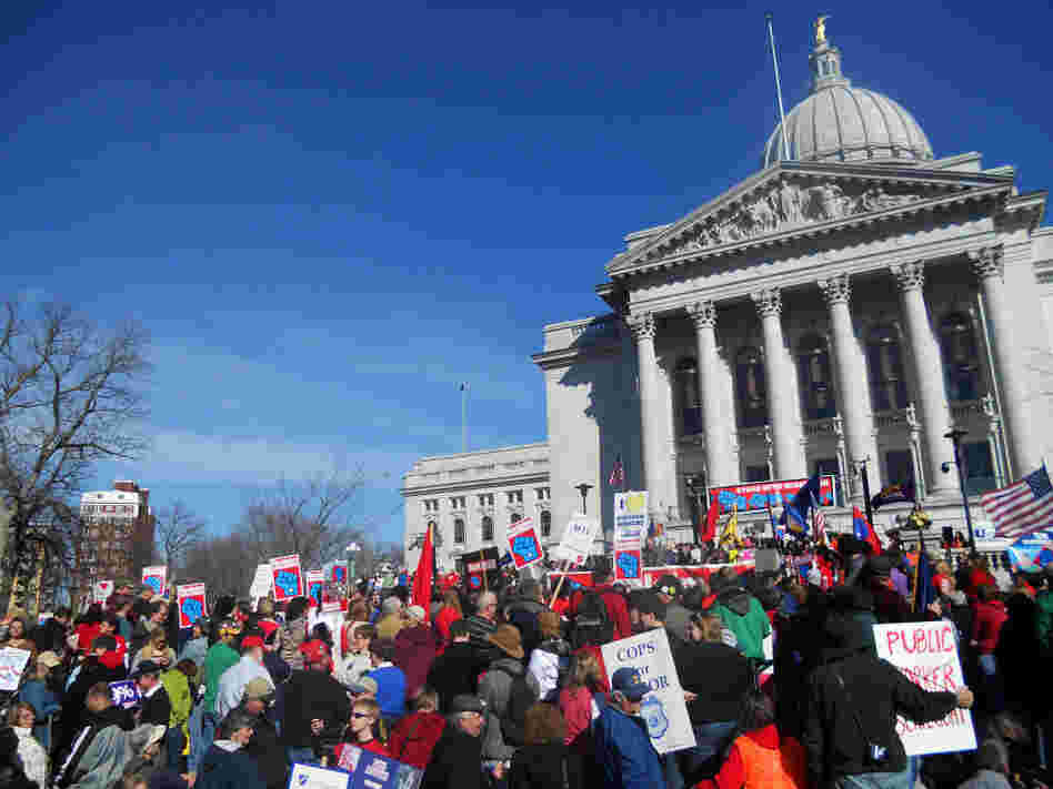 A Wisconsin GOP lawmaker facing a recall election called it quits Friday and said she hopes the state can get past scenes like this gathering of protesters in Madison on March 10, 2012. 