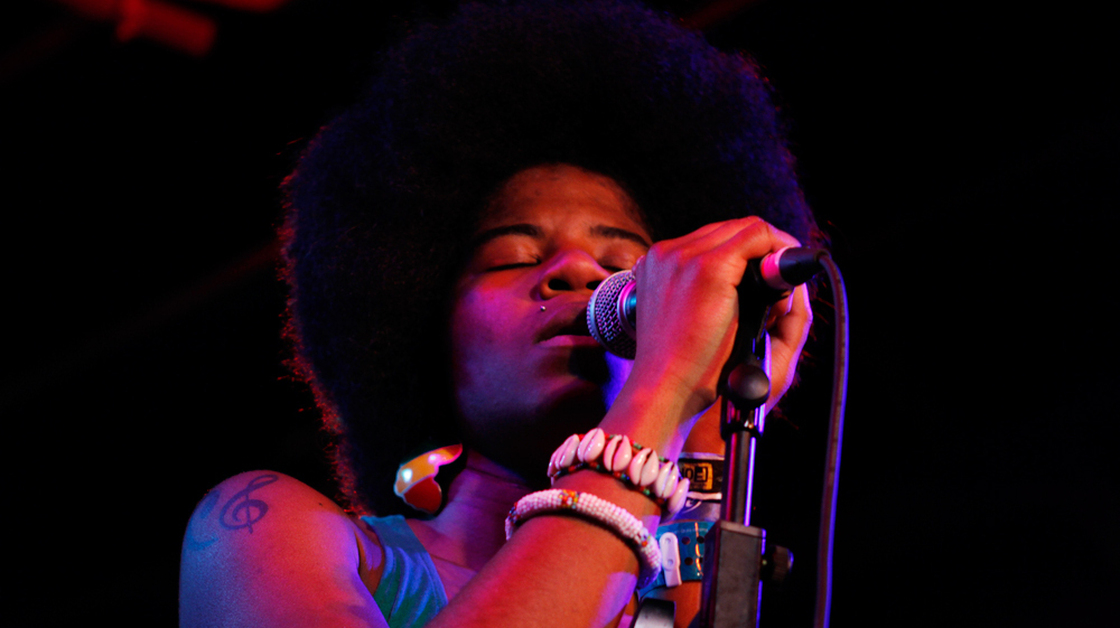 Catherine Harris-White of the hip-hop duo THEESatisfaction performs at Red 7 in Austin, Texas during the South By Southwest music conference.
