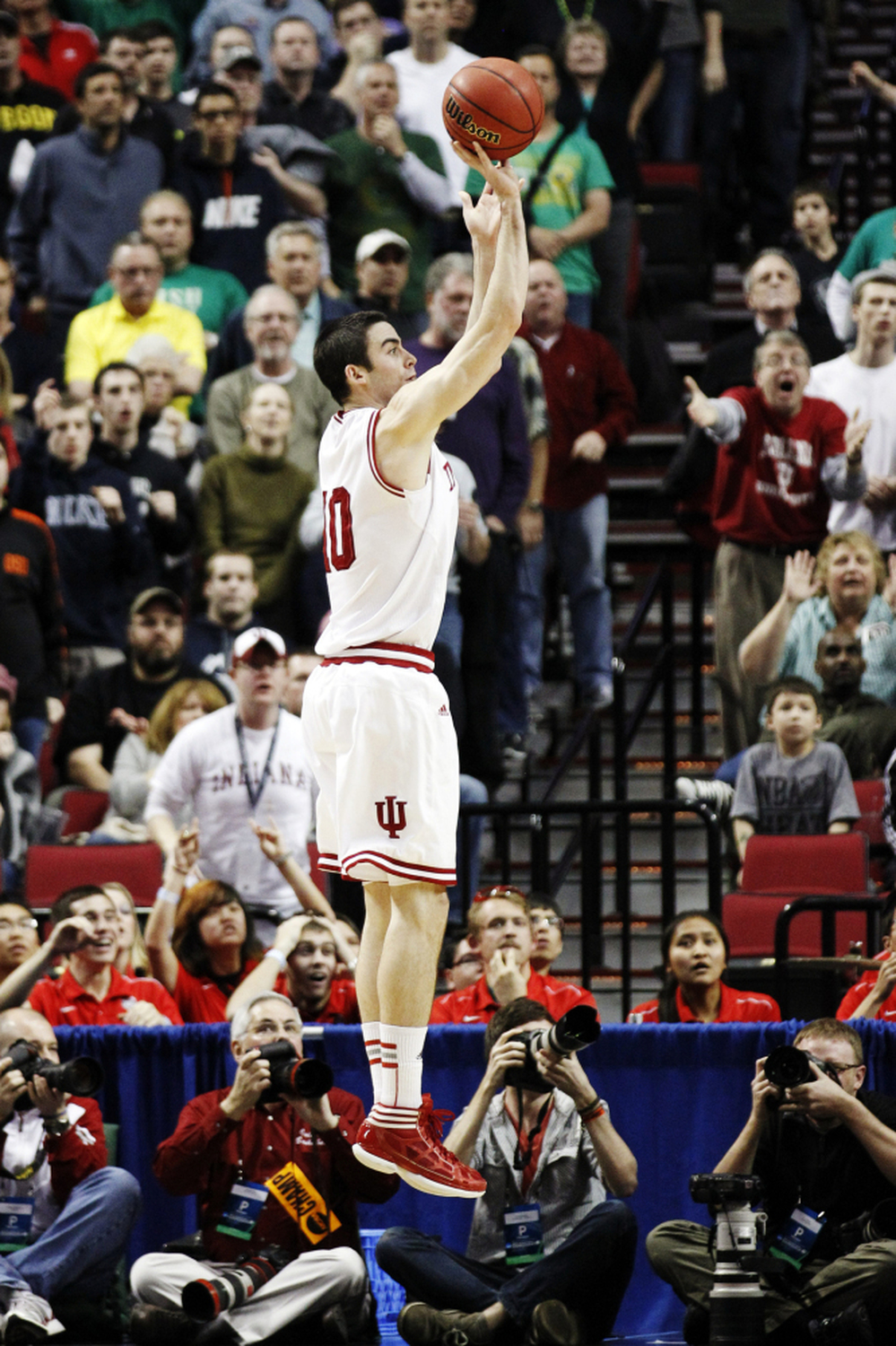 Indiana forward Will Sheehey takes the game-winning shot against Virginia Commonwealth in the second half of an NCAA college basketball tournament third-round game in Portland, Ore., on Saturday. Indiana won 63-61.