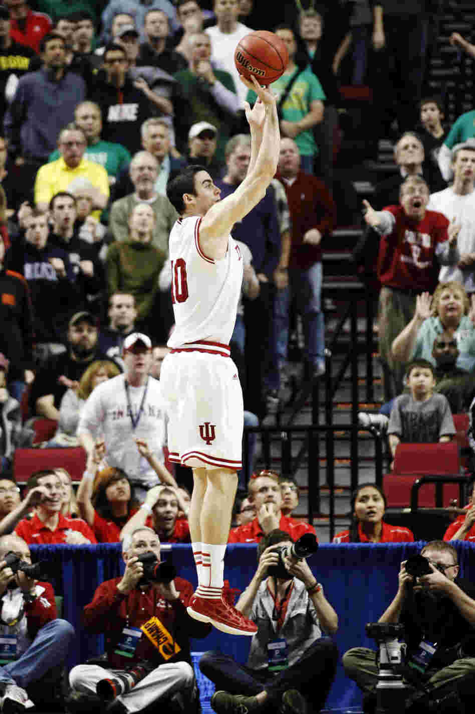 Indiana forward Will Sheehey takes the game-winning shot against Virginia Commonwealth in the second half of an NCAA college basketball tournament third-round game in Portland, Ore., on Saturday. Indiana won 63-61.