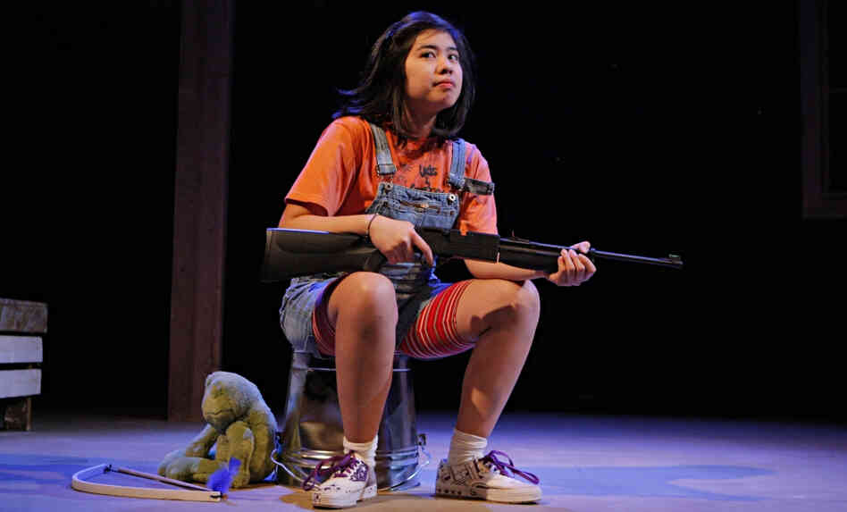 Isabella Dawis plays the protective 12-year-old Edith in the Mu Performing Arts production of Edith Can Shoot Things and Hit Them, by Rey Pamatmat. Isabella Dawis plays the protective 12-year-old Edith in the Mu Performing Arts production of Edith Can Shoot Things and Hit Them, by Rey Pamatmat.