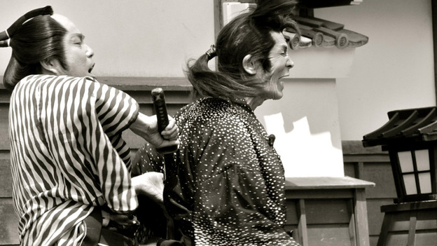 Seizo Fukumoto (right) falls to the sword of the leading man in one of Japan's chanbara or samurai films. Fukumoto is known as Japan's leading kirareyaku, or "chopped-up actor." Seizo Fukumoto (right) falls to the sword of the leading man in one of Japan's chanbara or samurai films. Fukumoto is known as Japan's leading kirareyaku, or "chopped-up actor."