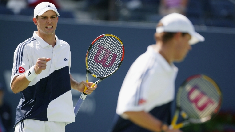 Brothers Bob and Mike Bryan celebrate a point during the 2003 U.S. Open.