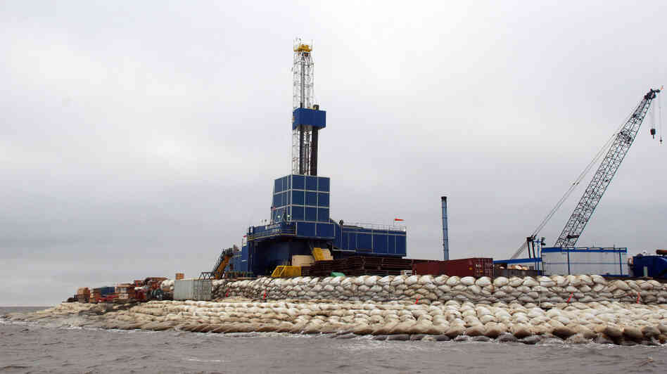 A drilling rig sits on Oooguruk Island off the coast of Alaska's North Slope. The 6-acre island was built by Pioneer Natural Resources so it could drill for oil on the Arctic Ocean. A drilling rig sits on Oooguruk Island off the coast of Alaska's North Slope. The 6-acre island was built by Pioneer Natural Resources so it could drill for oil on the Arctic Ocean.