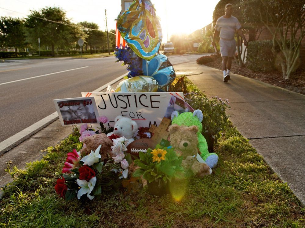 This photograph shows a memorial to Trayvon Martin at the Twin Lakes community where he was shot by neighborhood watch volunteer George Zimmerman. Zimmerman's claim of self-defense will be examined by a grand jury on April 10.