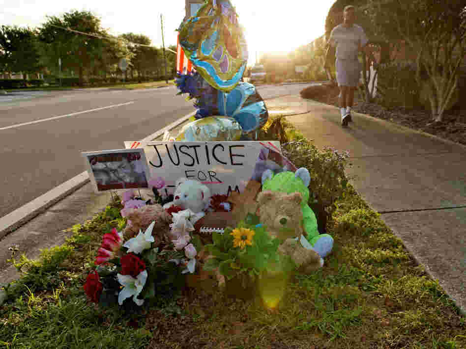 This photograph shows a memorial to Trayvon Martin at the Twin Lakes community where he was shot by neighborhood watch volunteer George Zimmerman. Zimmerman's claim of self-defense will be examined by a grand jury on April 10.