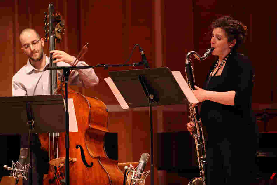Bassist Peter Rosenfeld and clarinetist Sara Budde play Mark Dancigers' 'Cloudbank,' which opened the concert..
