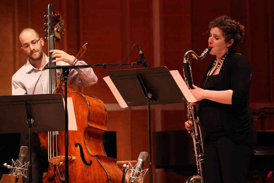 Bassist Peter Rosenfeld and clarinetist Sara Budde play Mark Dancigers' 'Cloudbank,' which opened the concert..