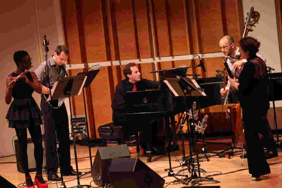 Members of the NOW Ensemble (flutist Nathalie Joachim, guitarist Mark Dancigers, Rosenfeld and Budde play Dancigers' 'Cloudbank.'.
