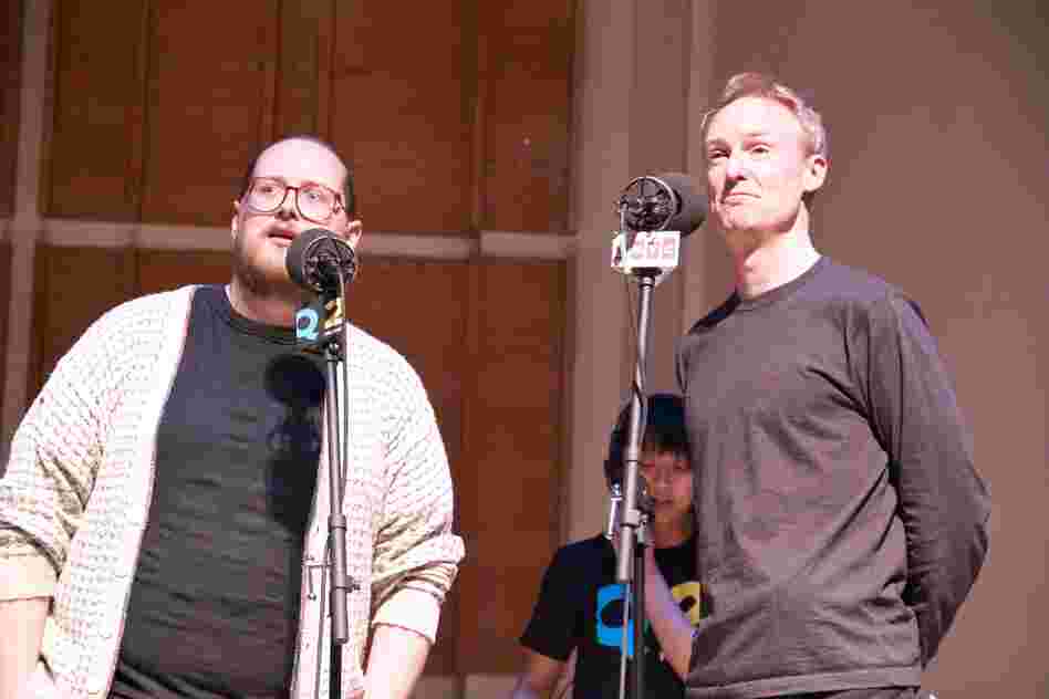 Dan Deacon and John Schaefer at their pre-show mic check. Wrote Deacon about 'Opal Toad': "Fist pumping and head banging are two things I hope come to mind."