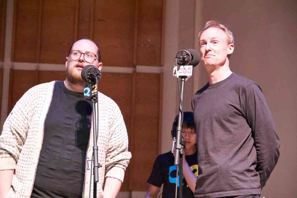 Dan Deacon and John Schaefer at their pre-show mic check. Wrote Deacon about 'Opal Toad': "Fist pumping and head banging are two things I hope come to mind."