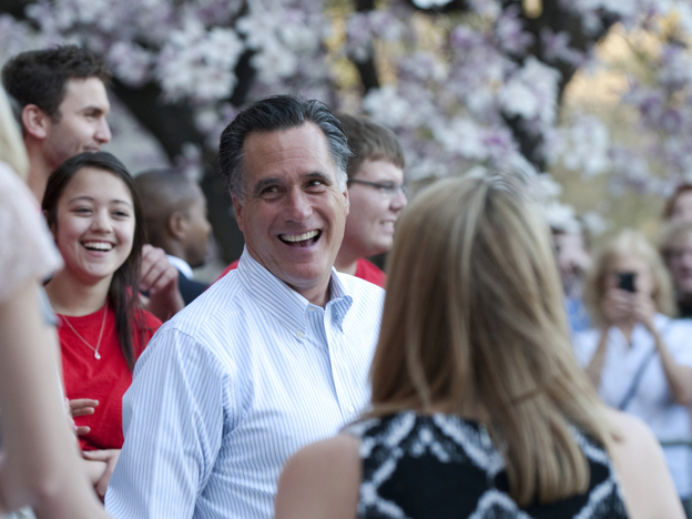 Mitt Romney talks with students March 19, 2012 at Bradley University in Peoria, Illinois. 