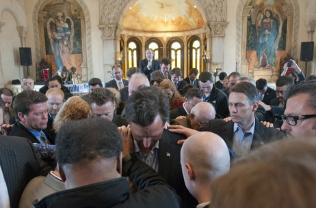 Republican presidential candidate Rick Santorum is prayed over after speaking at the Bella Donna Chapel in McKinney, Texas, in February. Republican presidential candidate Rick Santorum is prayed over after speaking at the Bella Donna Chapel in McKinney, Texas, in February.