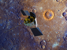 The Messenger spacecraft is depicted over the Calvino Crater on Mercury in this enhanced-color image of the planet's surface. The Messenger spacecraft is depicted over the Calvino Crater on Mercury in this enhanced-color image of the planet's surface.