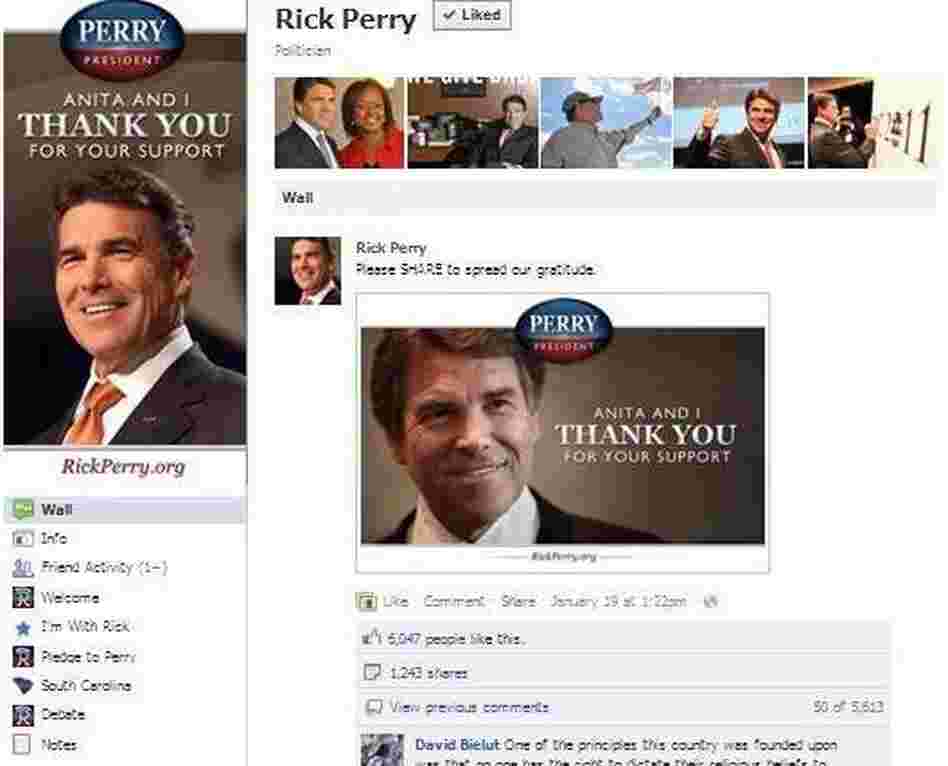 Gov. Rick Perry's Facebook page, the scene of contention. 
