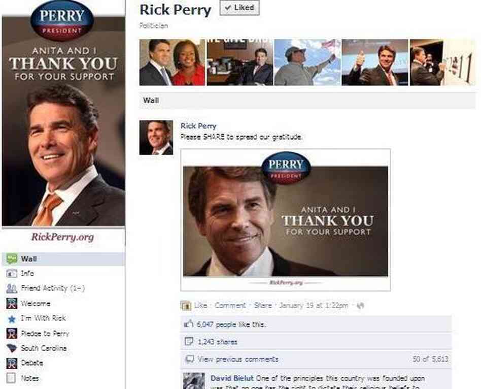 Gov. Rick Perry's Facebook page, the scene of contention. 