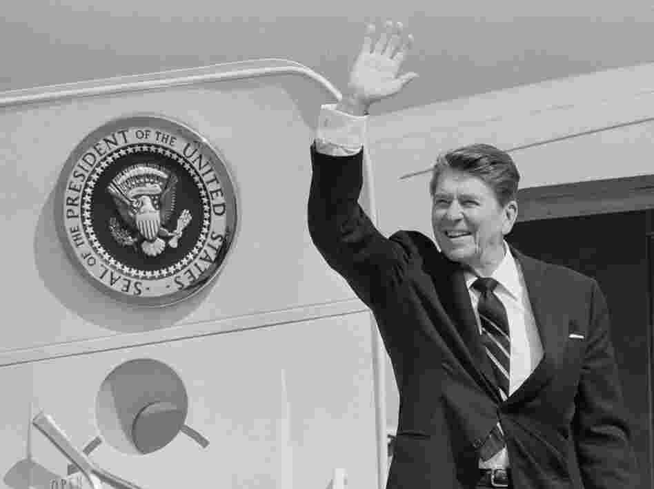 President Ronald Reagan looms over today's GOP field. Here he waves as he boards Air Force One after a brief three-hour visit to Washington state on April 20, 1984. 